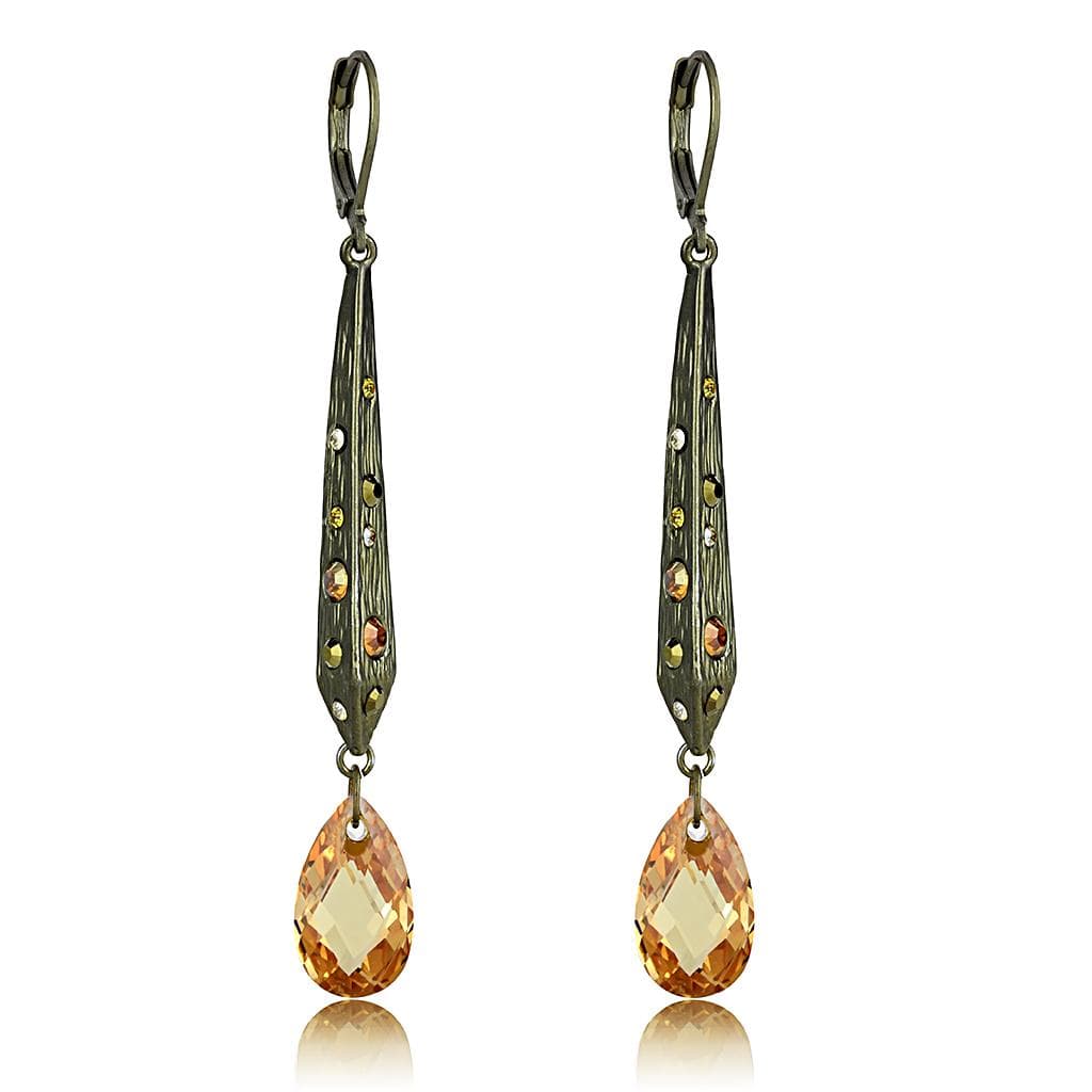 Brass Antique Gold Amber Crystal Elongated Drop Earrings