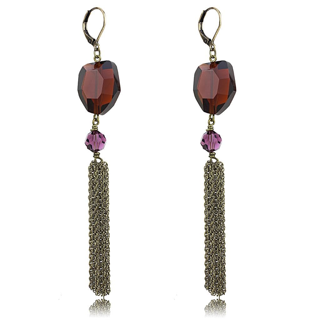 Brass Antique Gold Garnet Crystal Bead Tassel Drop Earrings