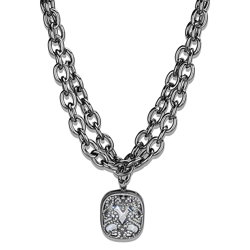 Brass Gunmetal Crystal Cushion Pendant Double Chain Necklace