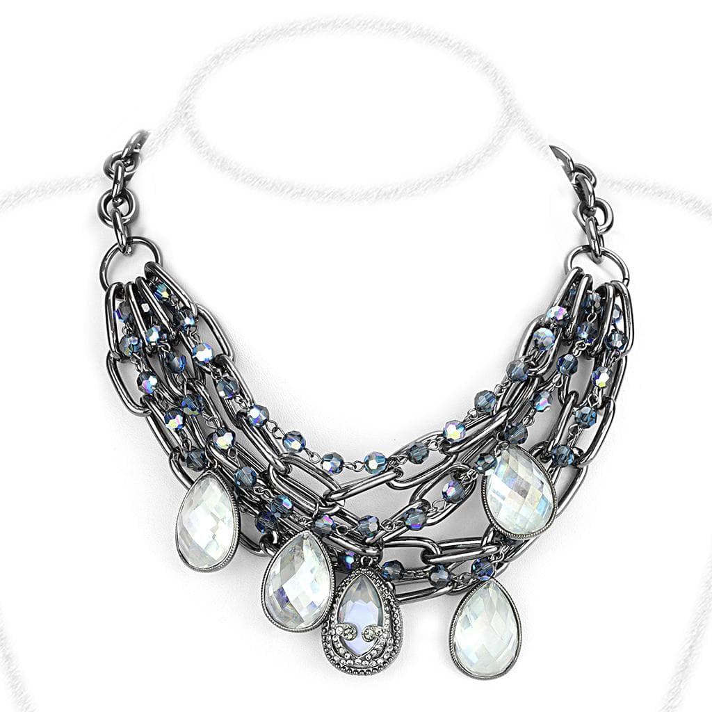 Brass Gunmetal Crystal Teardrop Tiered Statement Necklace