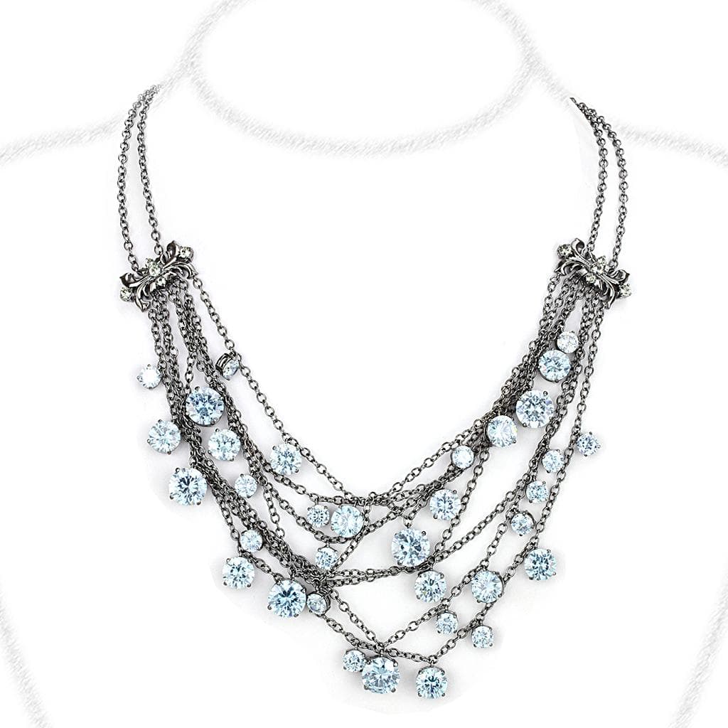 Brass Antique Silver Blue Crystal Multi Strand Layered Necklace