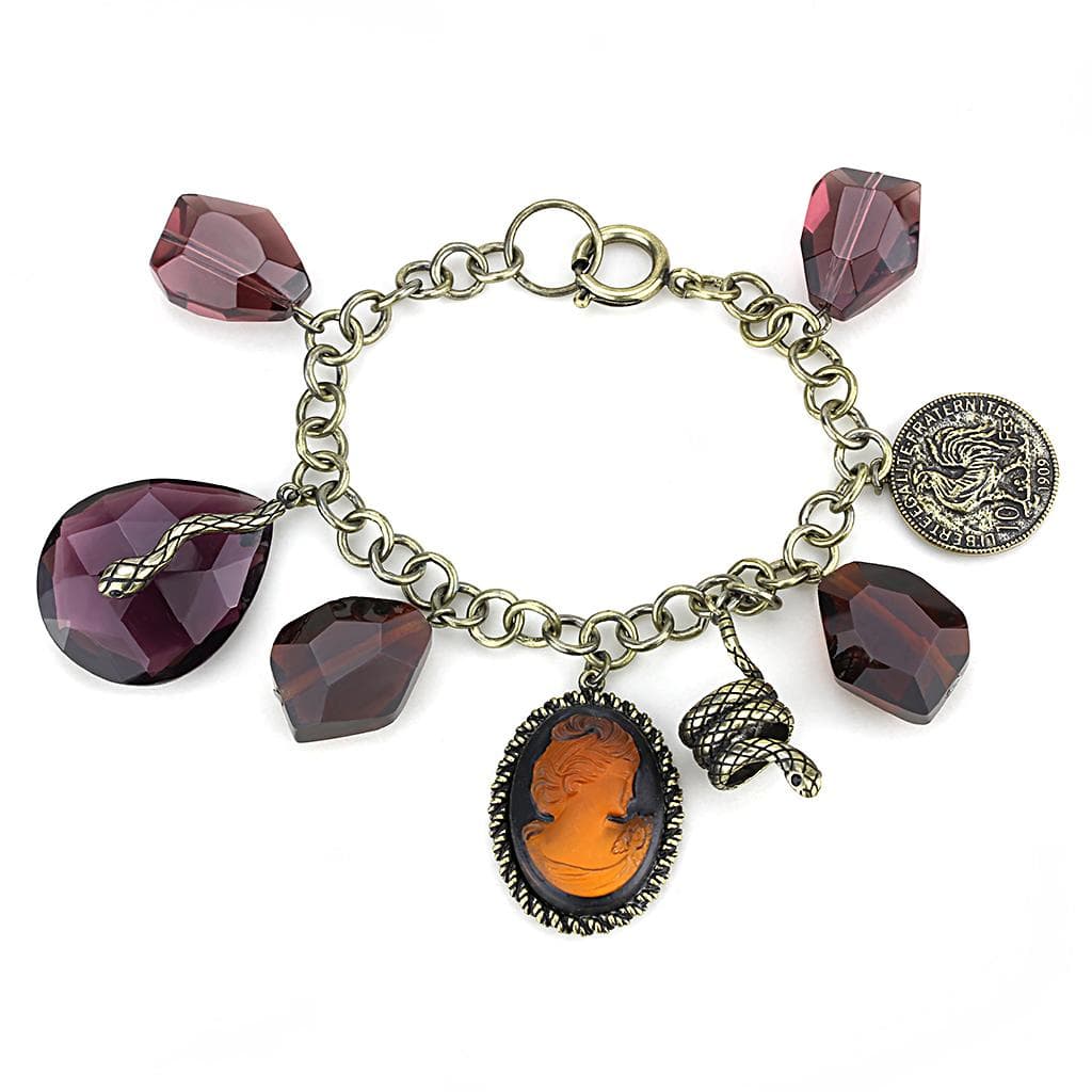 Brass Antique Gold Purple Crystal Cameo Charm Bracelet