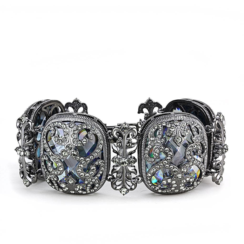 Brass Antique Silver Crystal Heart Filigree Stretch Bracelet
