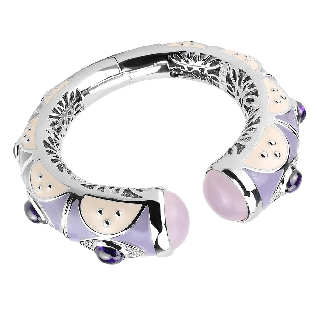 Brass Silver Lavender Enamel Cabochon Wide Cuff Bangle Bracelet