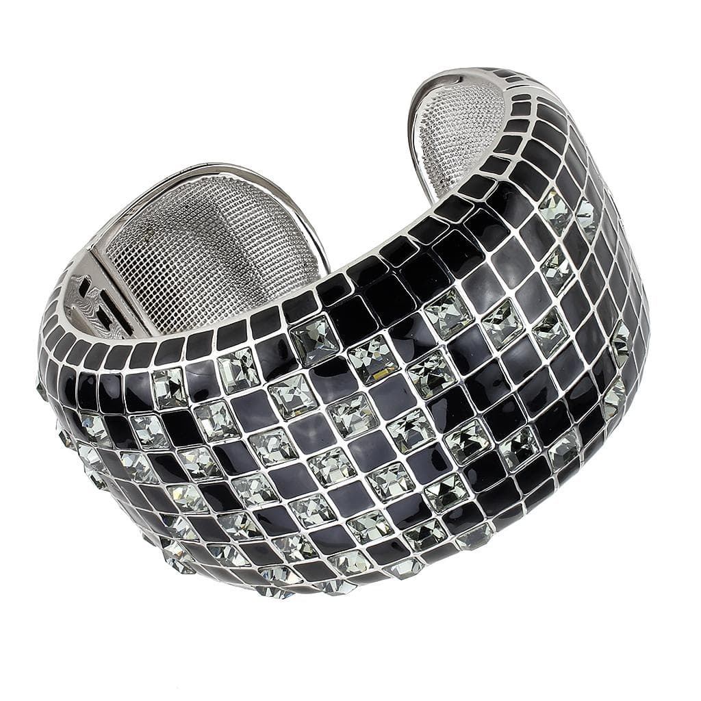 Brass Gunmetal Black Enamel CZ Stripe Wide Cuff Bangle Bracelet