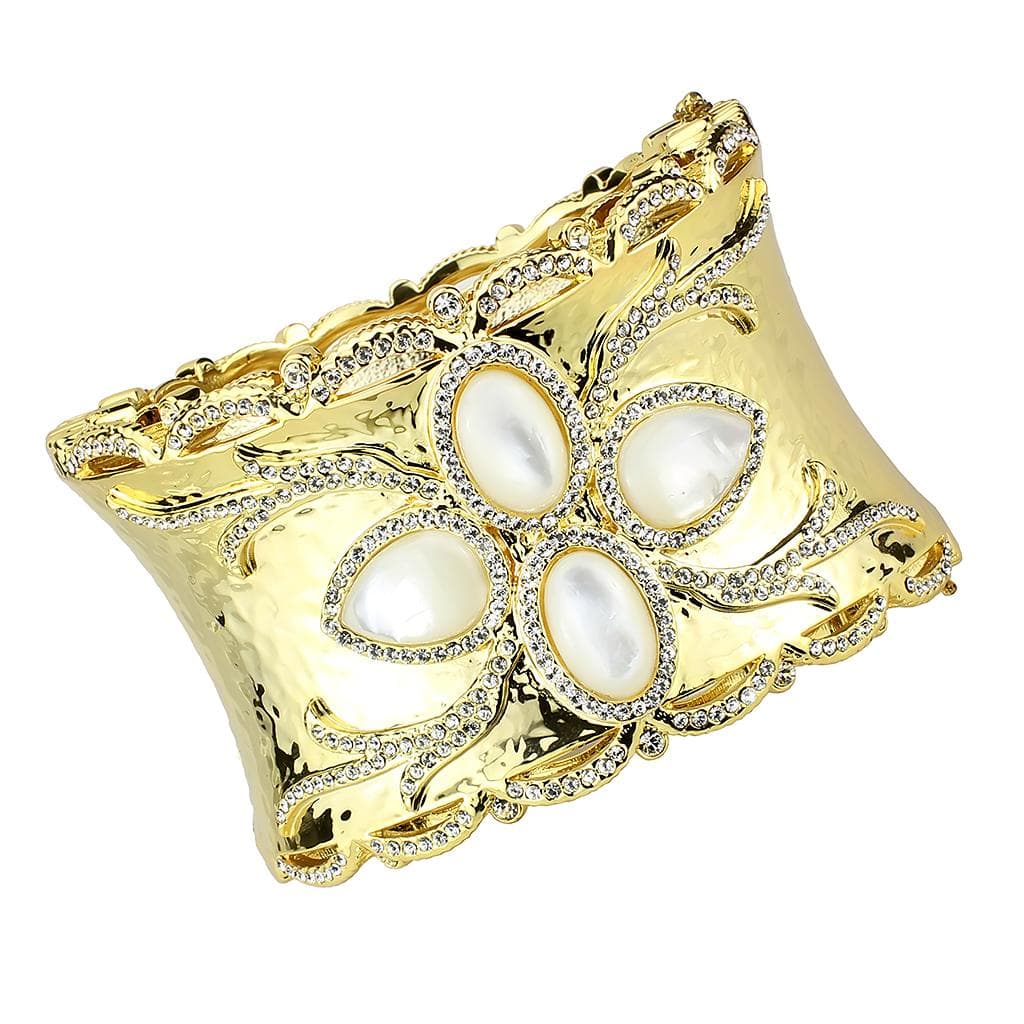 Brass Gold Pearl CZ Filigree Wide Cuff Bangle Bracelet