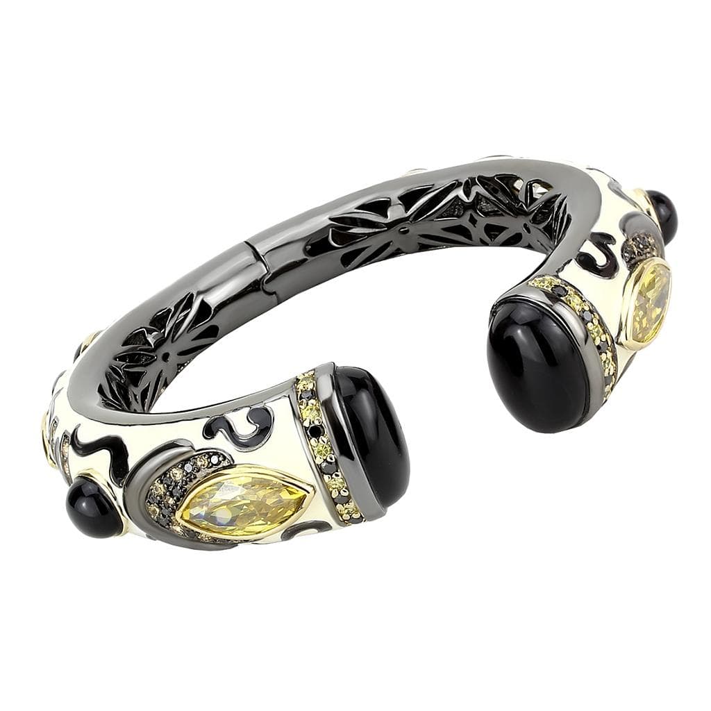 Brass Two Tone Black Onyx Marquise Crystal Hinged Bangle Bracelet
