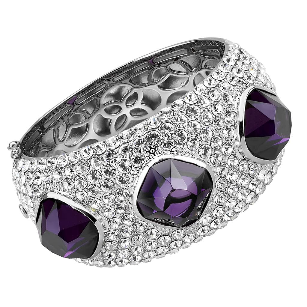 Brass Silver Amethyst Crystal Pave Dome Bangle Bracelet