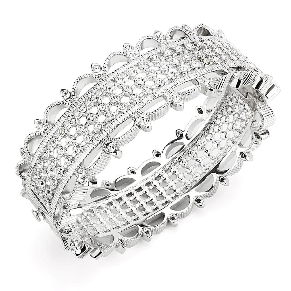 Brass Silver CZ Pave Filigree Wide Bangle Bracelet