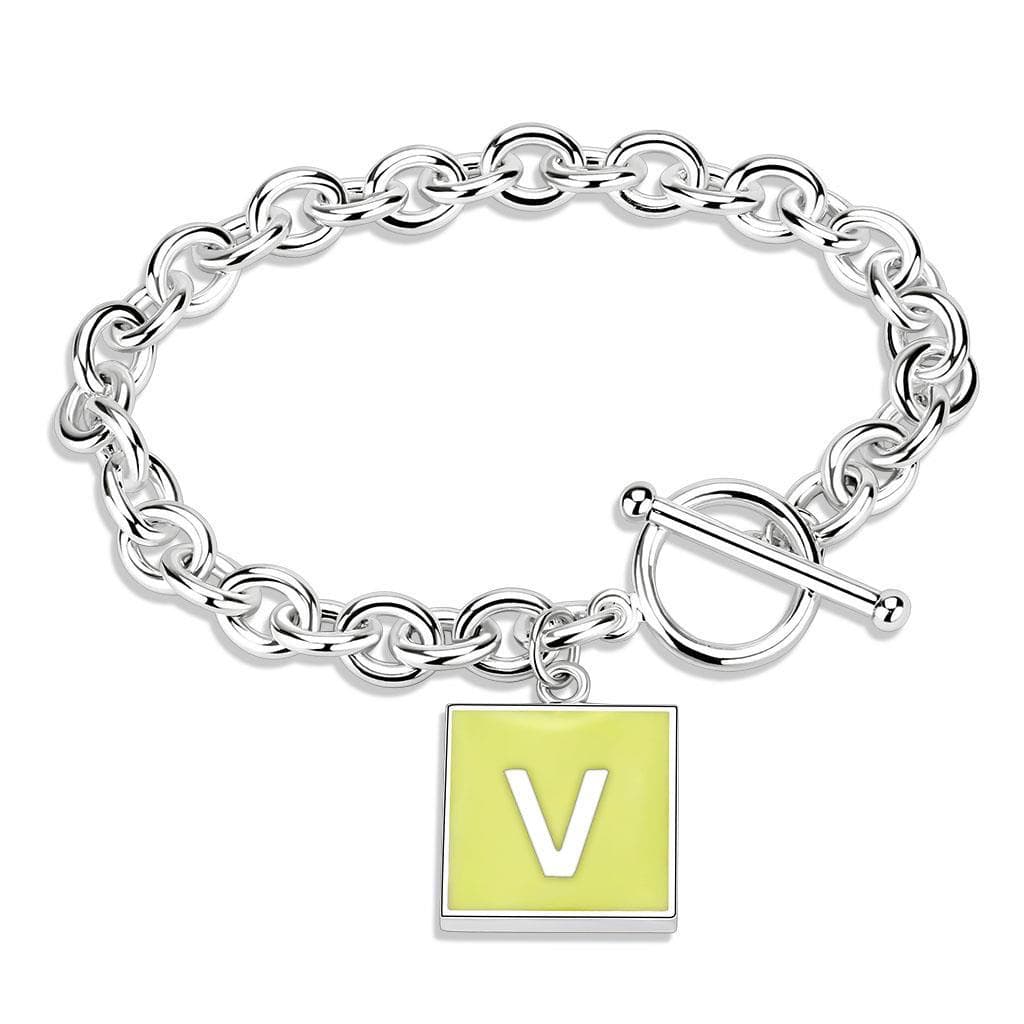 Brass Silver Letter V Initial Charm Toggle Bracelet