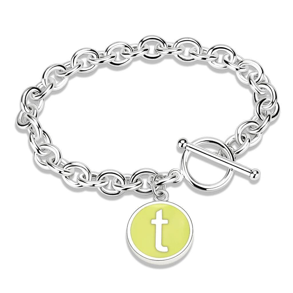 Brass Silver Letter T Initial Round Charm Toggle Bracelet