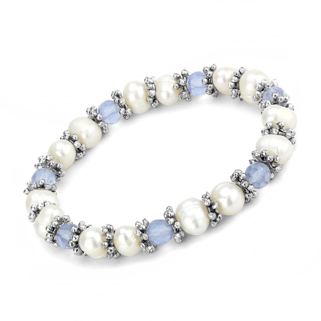 Brass Silver Pearl Blue Crystal Bead Stretch Bracelet