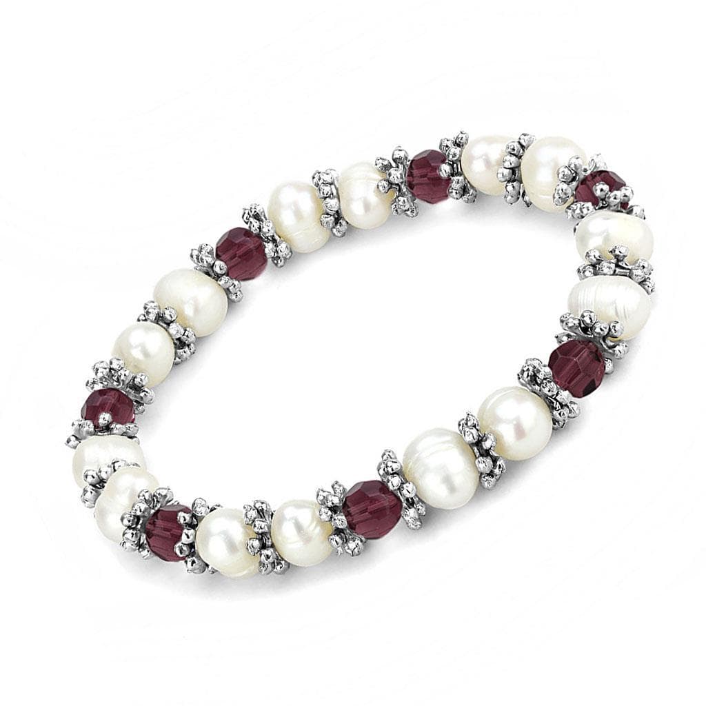 Brass Silver Pearl Red Garnet Bead Stretch Bracelet