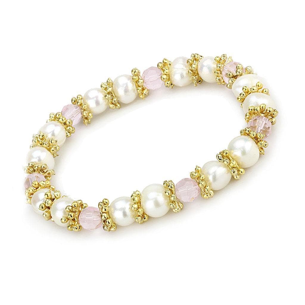Brass Gold Pearl Pink Crystal Bead Stretch Bracelet
