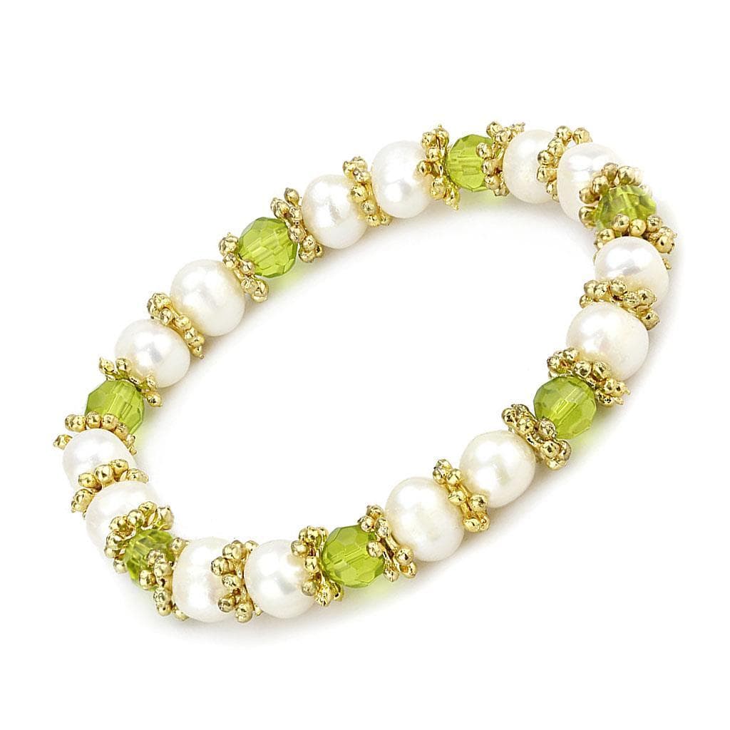 Brass Gold Pearl Green Peridot Bead Stretch Bracelet