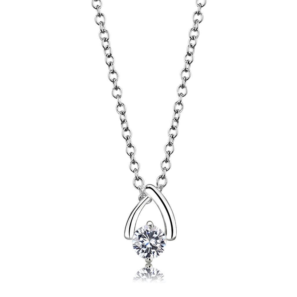 Brass Silver CZ Wishbone Solitaire Pendant Necklace