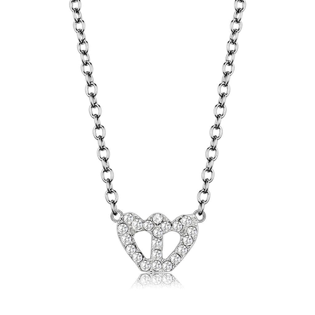 Brass Silver CZ Crown Heart Pendant Necklace