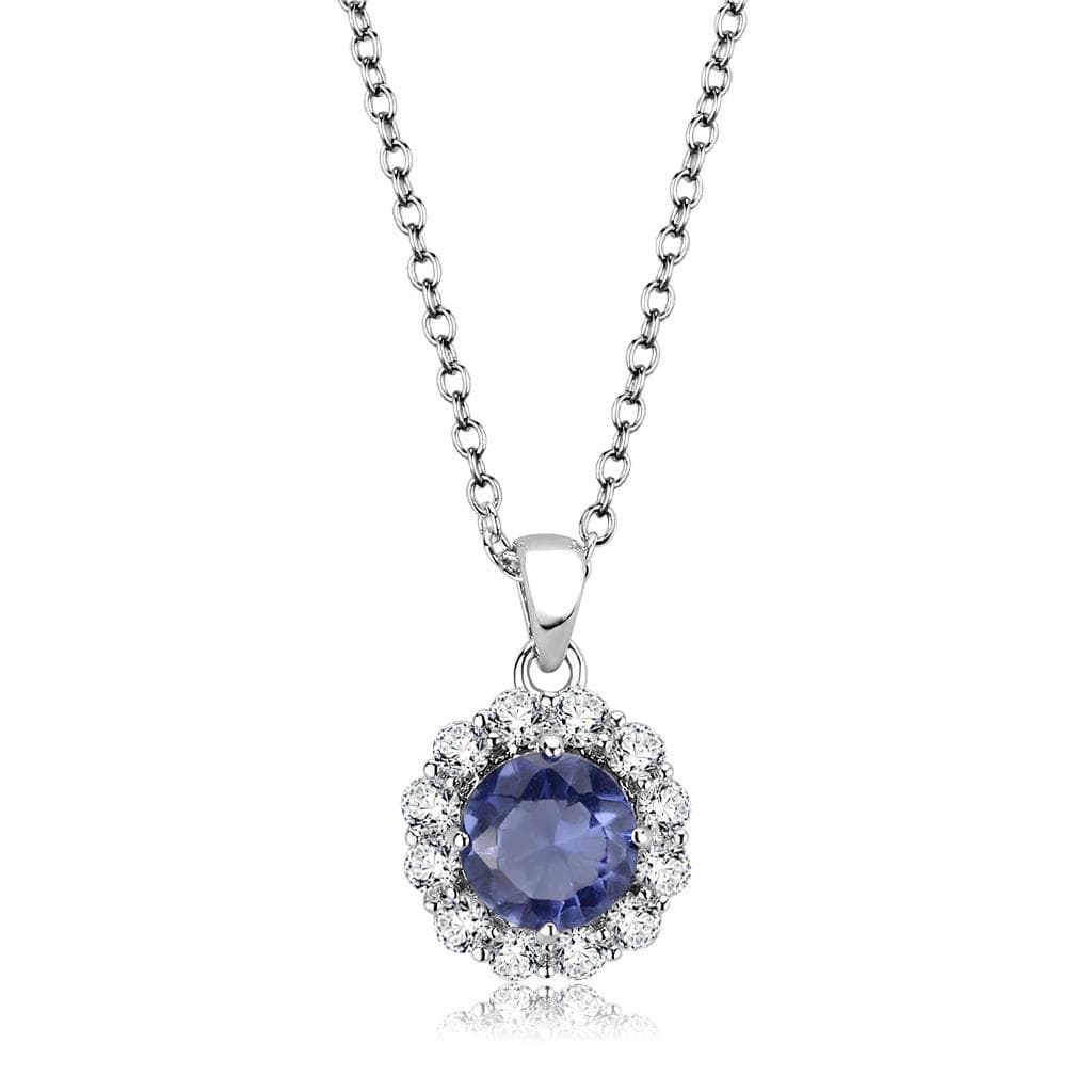Brass Silver Tanzanite CZ Halo Pendant Necklace