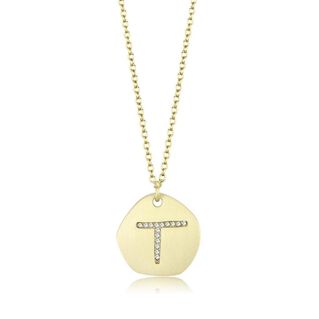 Brass Gold Letter T CZ Disc Pendant Necklace