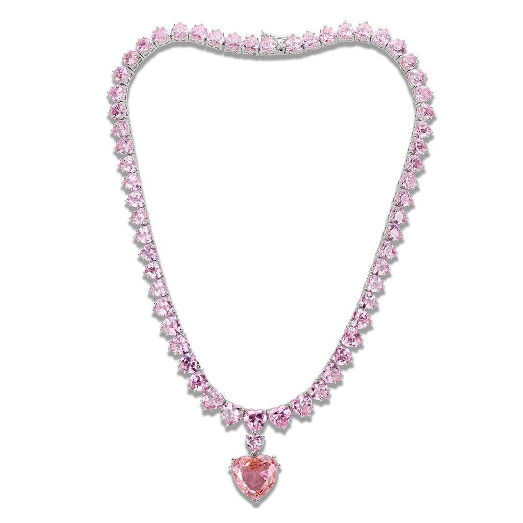 Brass Silver Pink CZ Heart V-Shape Statement Necklace