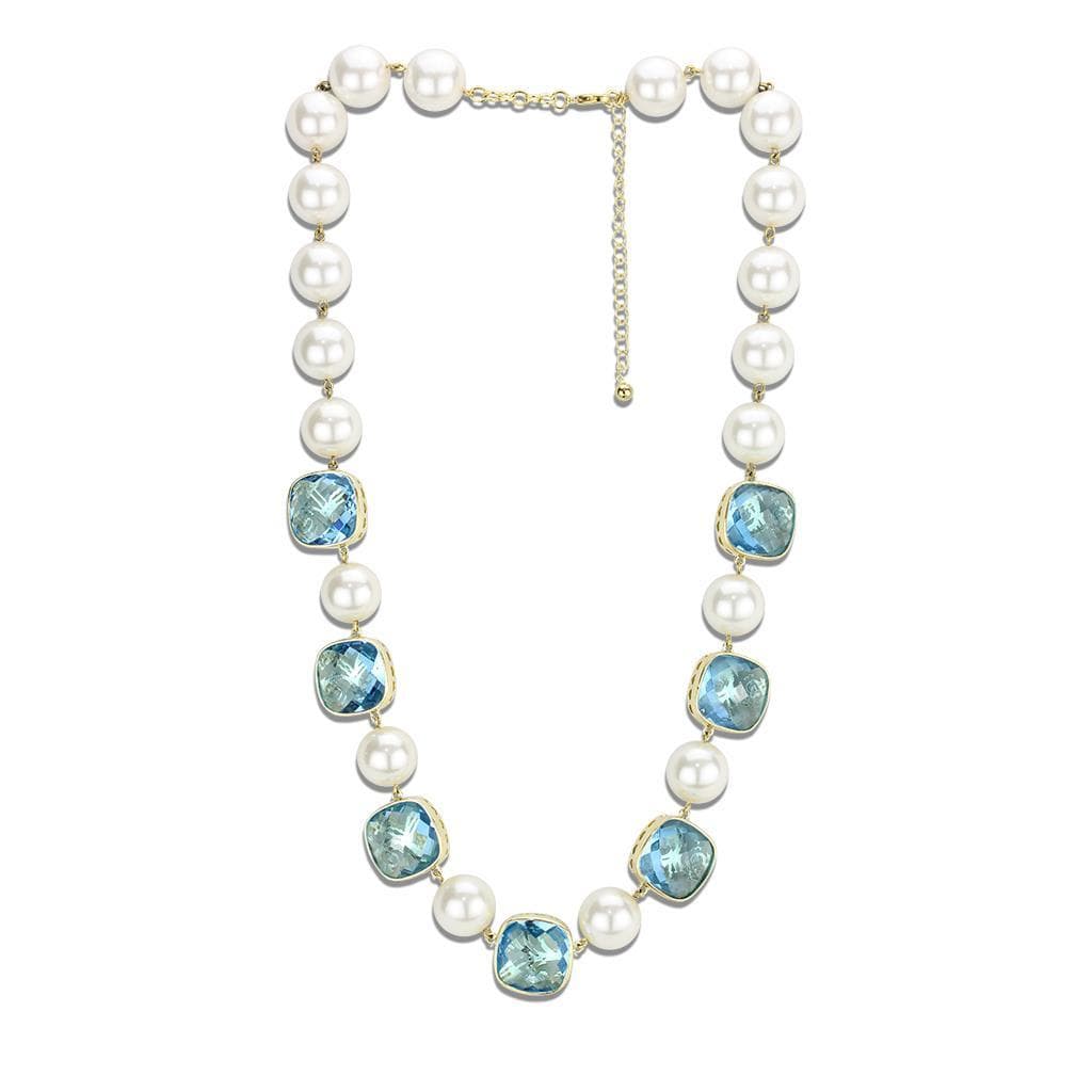Brass Gold Pearl Blue Crystal Cushion Link Necklace