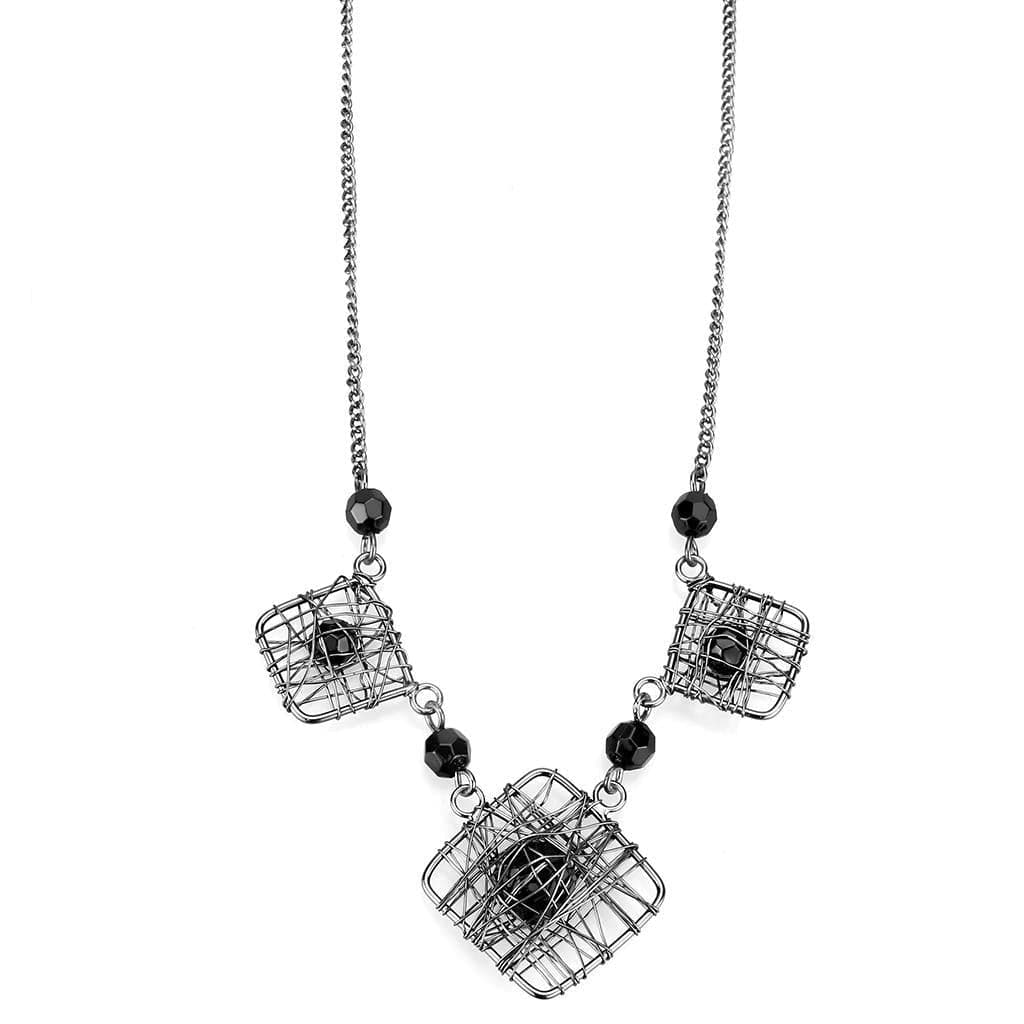 Brass Gunmetal Black Bead Wire Cage Square Pendant Necklace