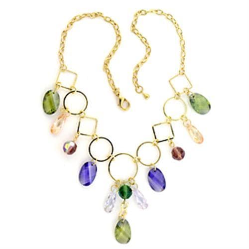 Brass Gold Multi Color Crystal Circle Drop Charm Necklace