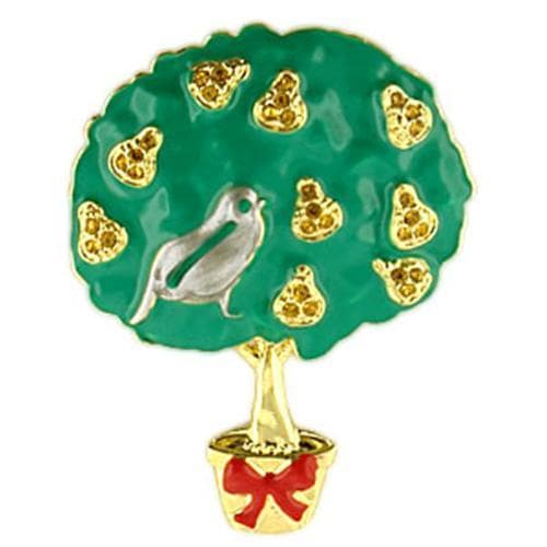 Brass Gold Enamel Bird Tree CZ Brooch | The Stainless Jewelry