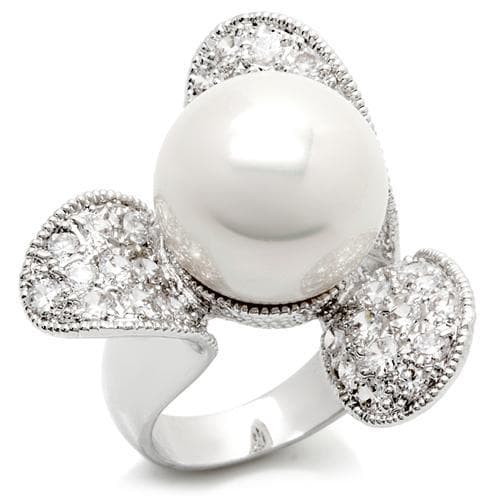 Brass Silver Pearl CZ Trefoil Cocktail Ring