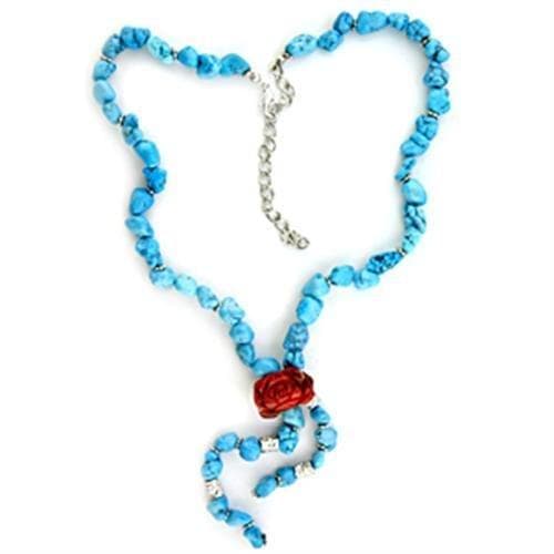 Brass Turquoise Bead Red Rose Charm Necklace