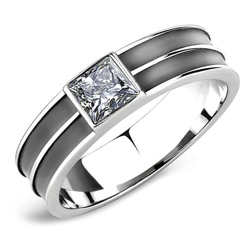 Stainless Steel Silver CZ Princess Bezel Channel Band Ring