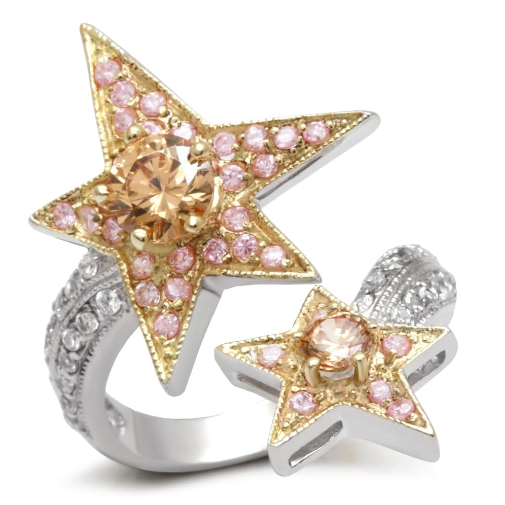 Brass Gold Pink CZ Star Bypass Cocktail Ring