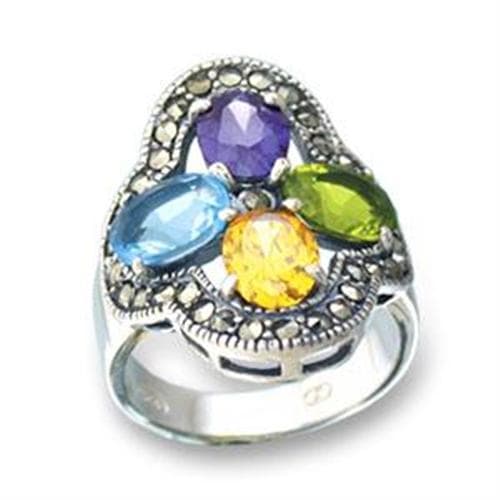 Sterling Silver Multi Color Gemstone Marcasite Cocktail Ring