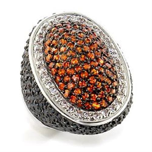 Brass Silver Orange Garnet CZ Black Pave Oval Dome Ring