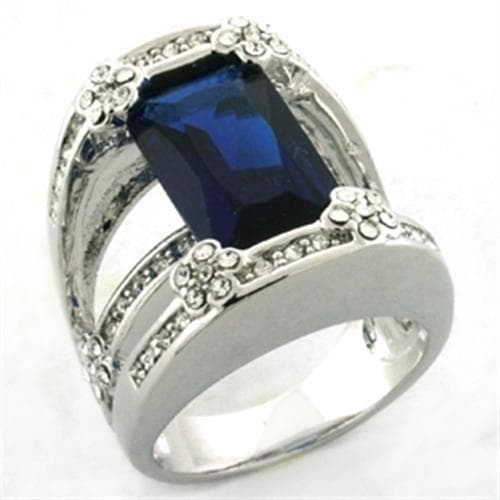 Brass Silver Blue Sapphire CZ Emerald Cut Wide Ring