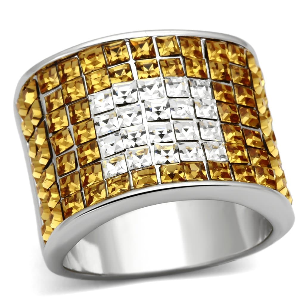 Brass Silver Citrine Yellow CZ Princess Grid Wide Band Ring