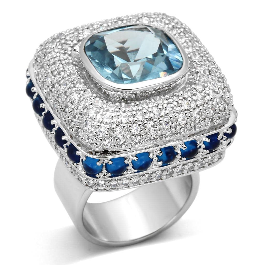 Brass Silver Blue Topaz CZ Cushion Pave Sapphire Cocktail Ring