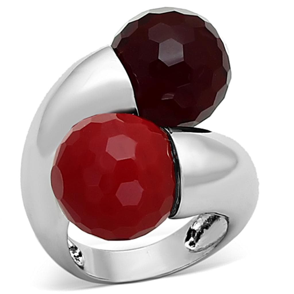 Brass Silver Red Dark Garnet Faceted Double Ball Bypass Ring
