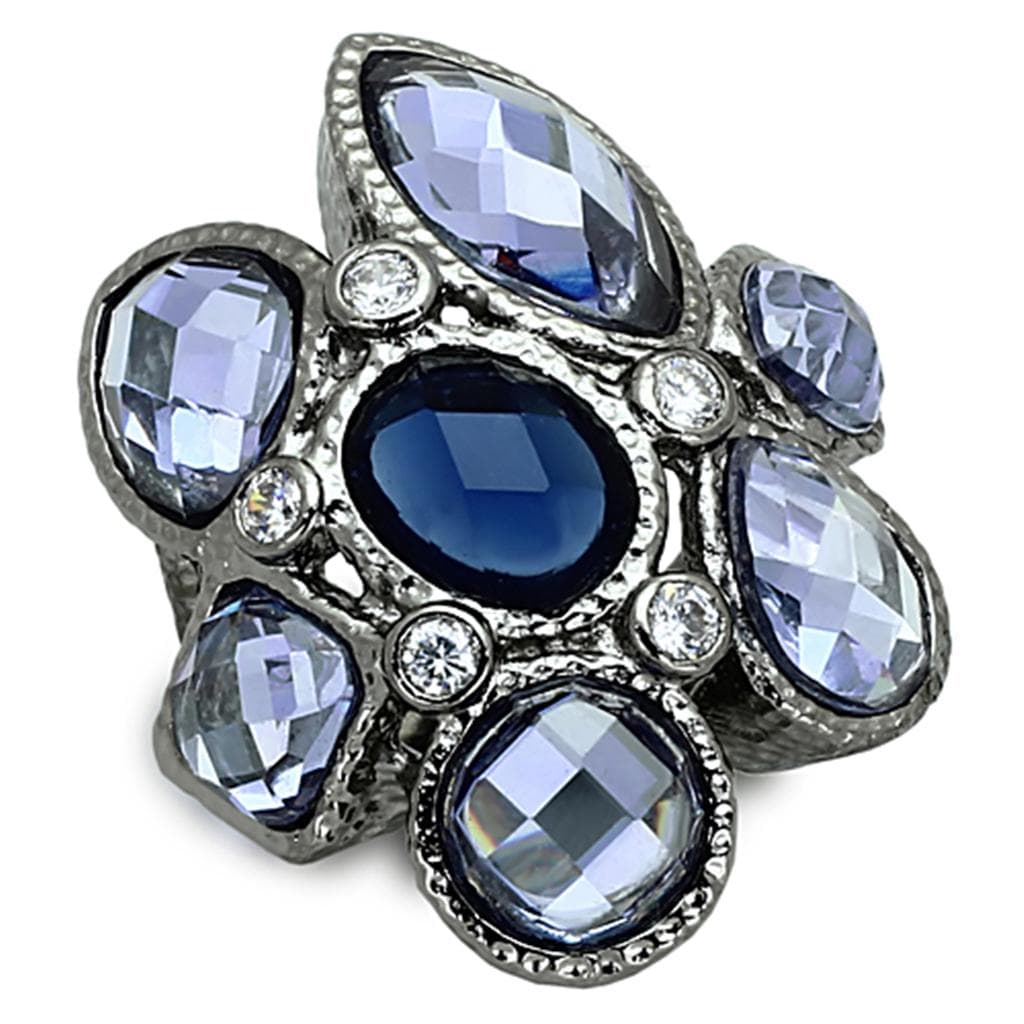 Brass Gunmetal Blue Sapphire CZ Flower Cluster Cocktail Ring