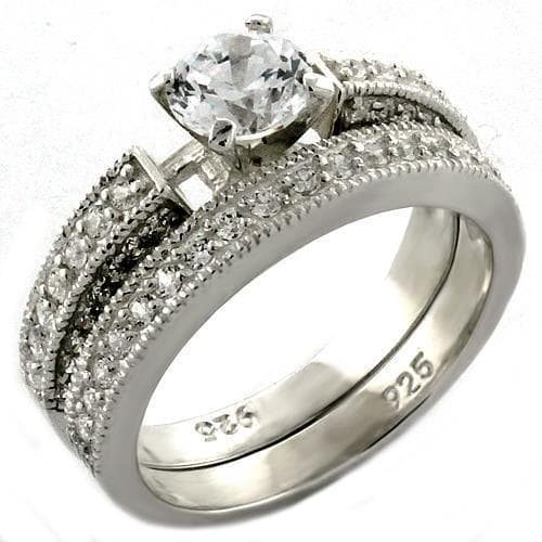 Sterling Silver CZ Round Solitaire Milgrain Bridal Ring Set Ring