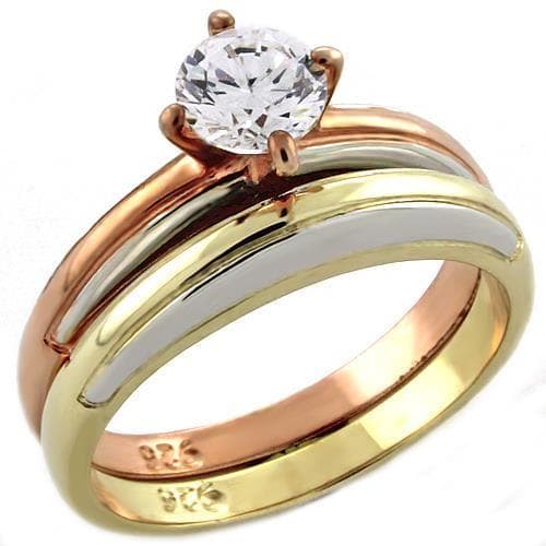 Sterling Silver Rose Gold Silver Two Tone CZ Round Solitaire Ring