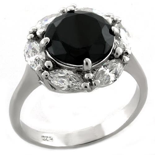 Sterling Silver Black Onyx CZ Round Halo Cluster Cocktail Ring