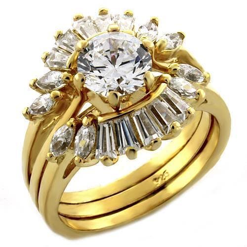 Sterling Silver Gold CZ Round Baguette Halo Bridal Ring Set Ring