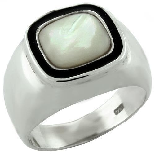 Sterling Silver Mother of Pearl Black Onyx Cushion Greek Key Ring