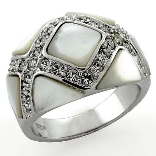 Sterling Silver Mother of Pearl CZ Diamond Shape Wide Band Ring