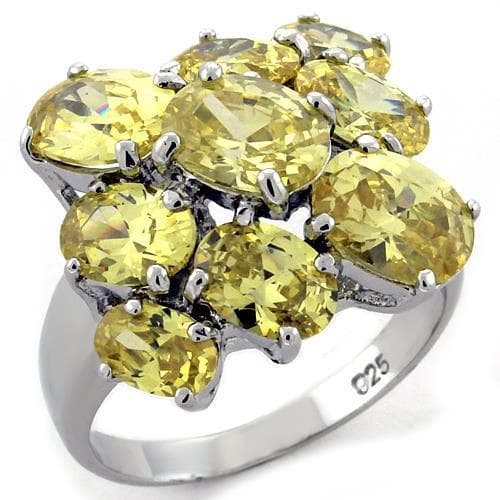 Sterling Silver Yellow Citrine CZ Round Flower Cluster Ring