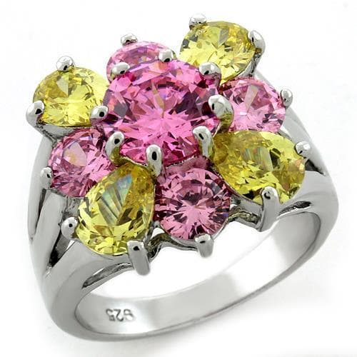 Sterling Silver Pink Yellow CZ Oval Flower Cluster Ring