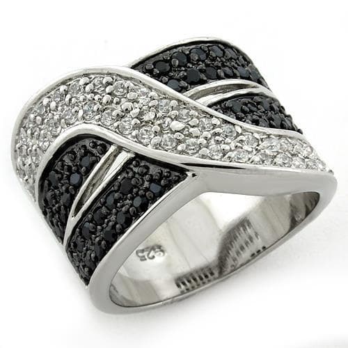 Sterling Silver Black White CZ Pave Crossover Wave Band Ring