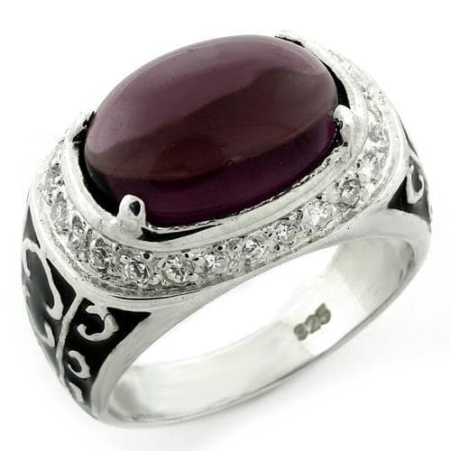 Sterling Silver Purple Amethyst Cabochon Oval Halo Filigree Ring