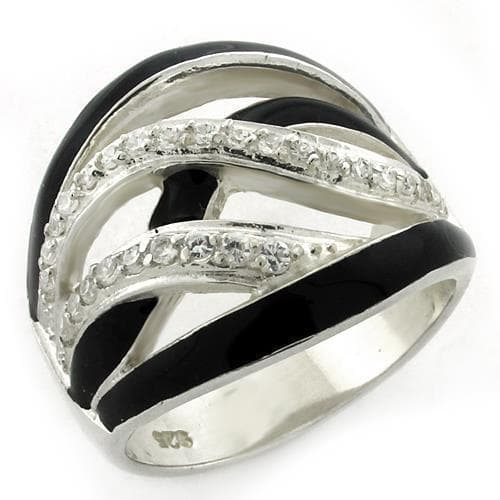 Sterling Silver Black Enamel CZ Crossover Wave Wide Band Ring